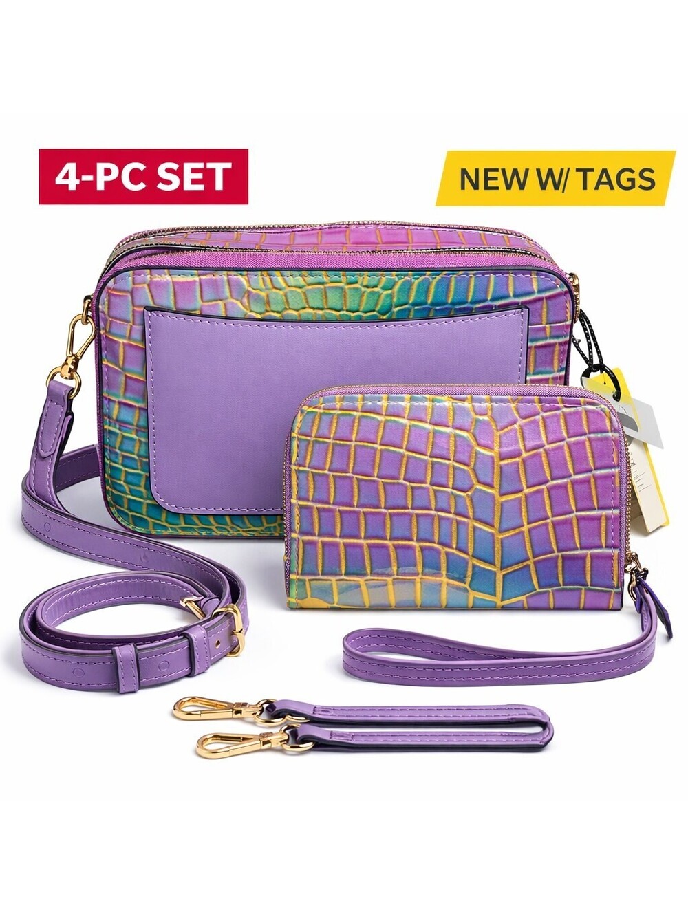 Croc Embossed Blue Gold Crossbody Bag Set Wallet Wristlet 3 Straps NWT